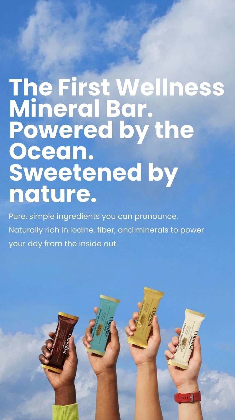 Four hands raised against a blue sky holding CMOSS Bars in Cacao, Original, Banana and Madagascar Vanilla wrappers, above the line The First Wellness Mineral Bar, Powered by the Ocean, Sweetened by Nature